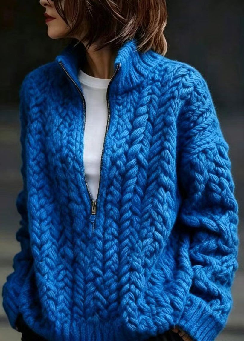 Casual Blue Zip Up Stand Collar Knit Sweater Fall