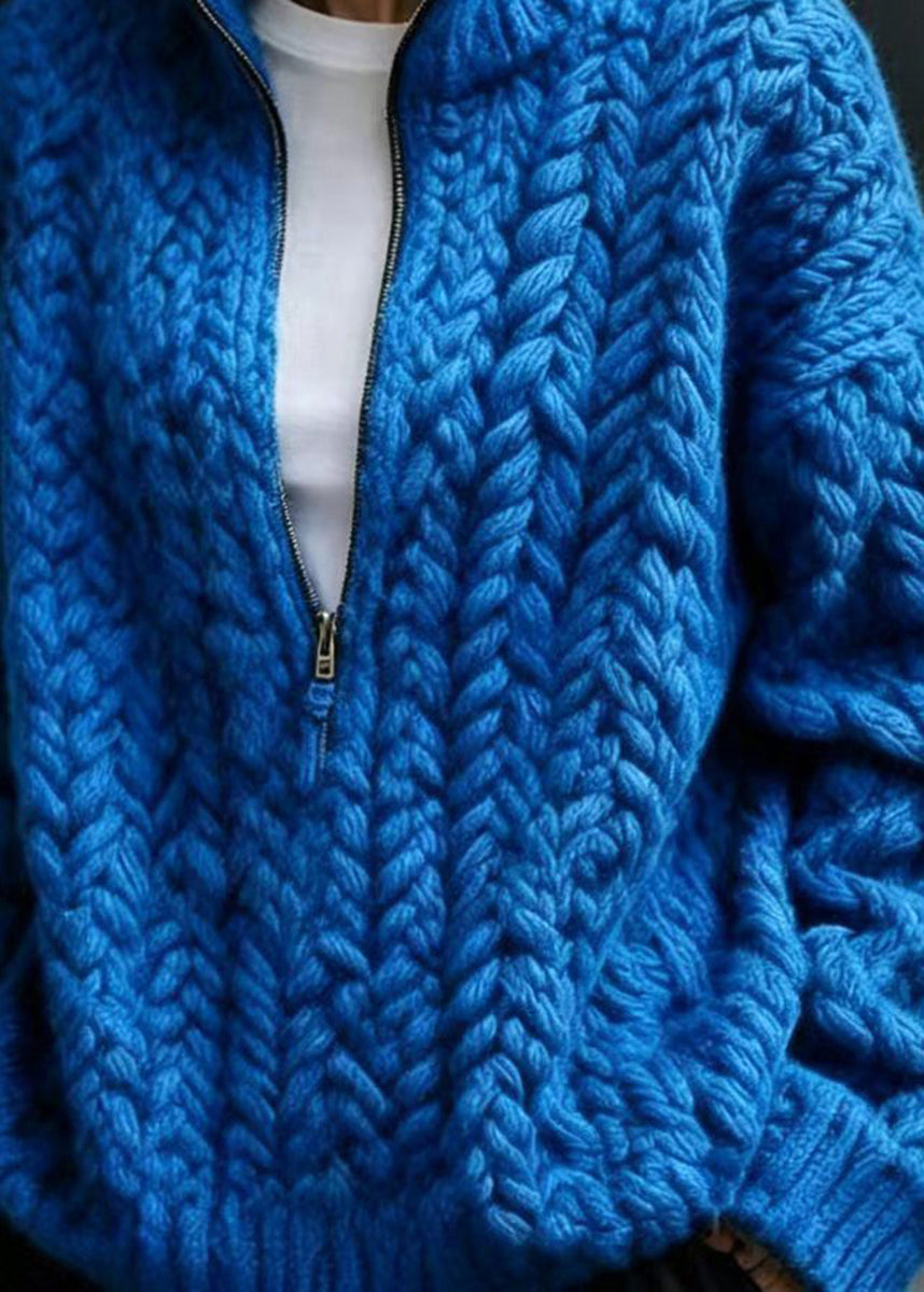 Casual Blue Zip Up Stand Collar Knit Sweater Fall