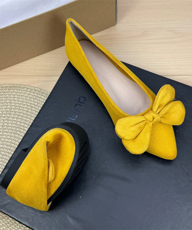 Casual Bow Splicing Flat Shoes For Women Yellow Suede
