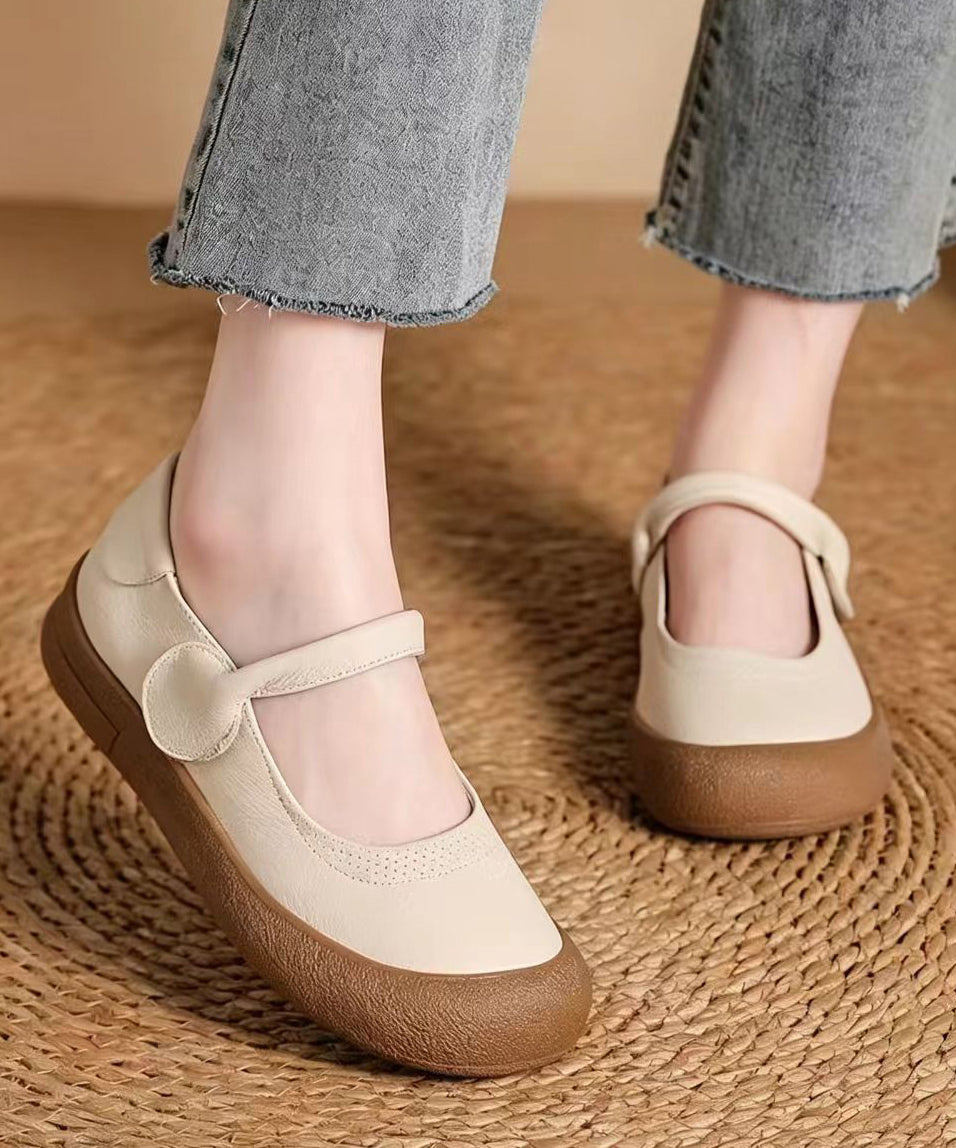 Casual Brown Buckle Strap Cowhide Leather Flat Shoes