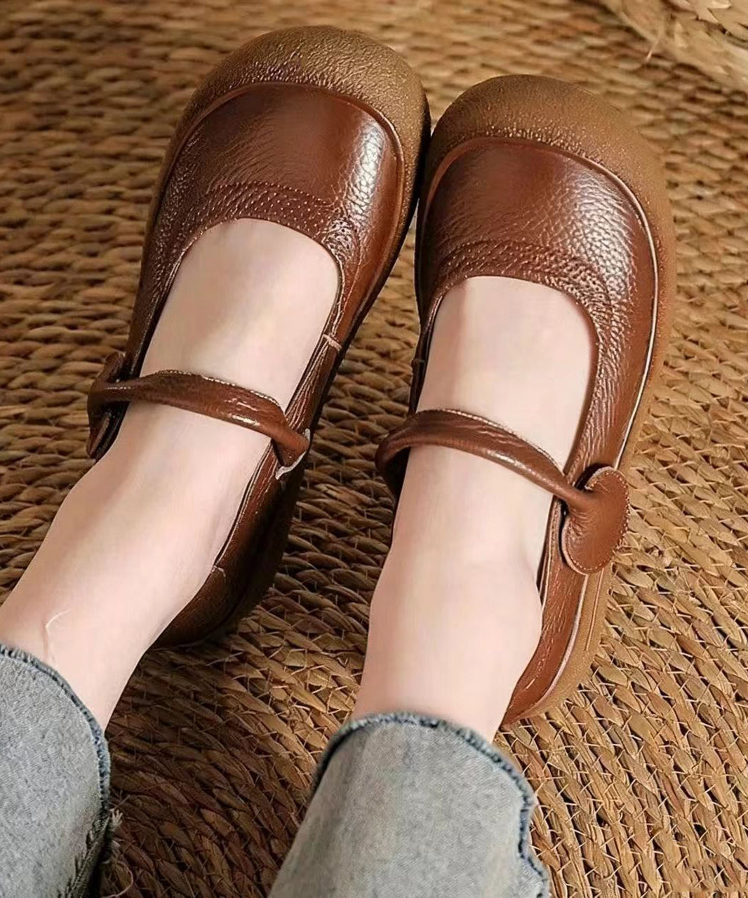 Casual Brown Buckle Strap Cowhide Leather Flat Shoes