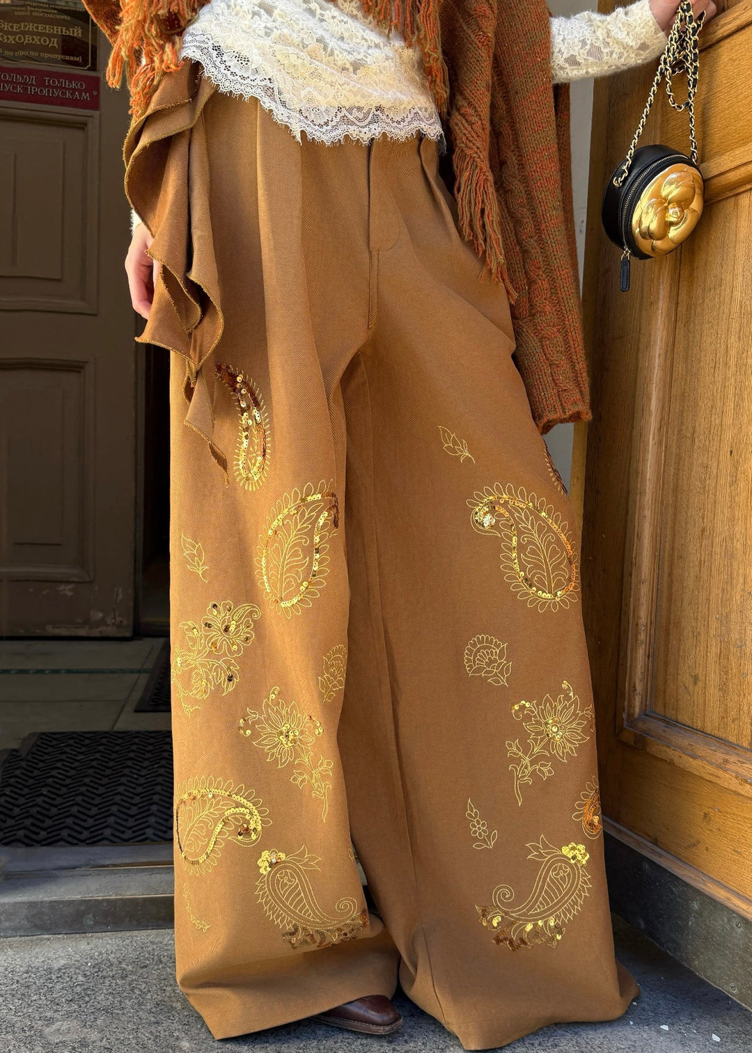 Casual Brown Embroidered Asymmetrical Sequins Wide Leg Pants Fall