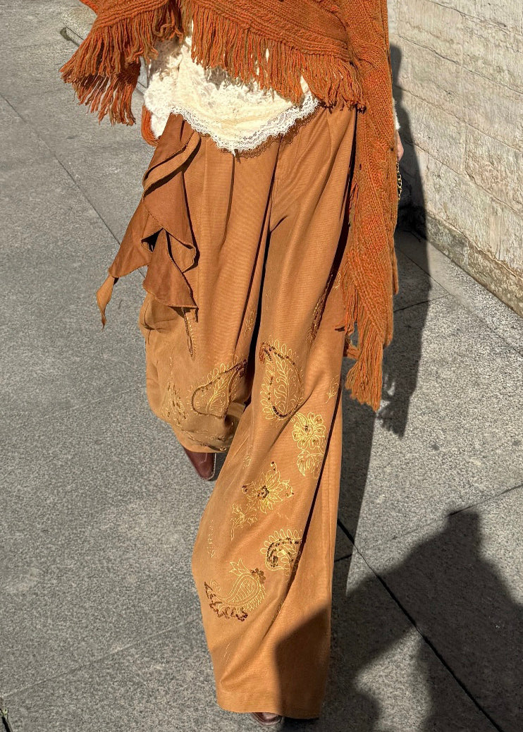 Casual Brown Embroidered Asymmetrical Sequins Wide Leg Pants Fall