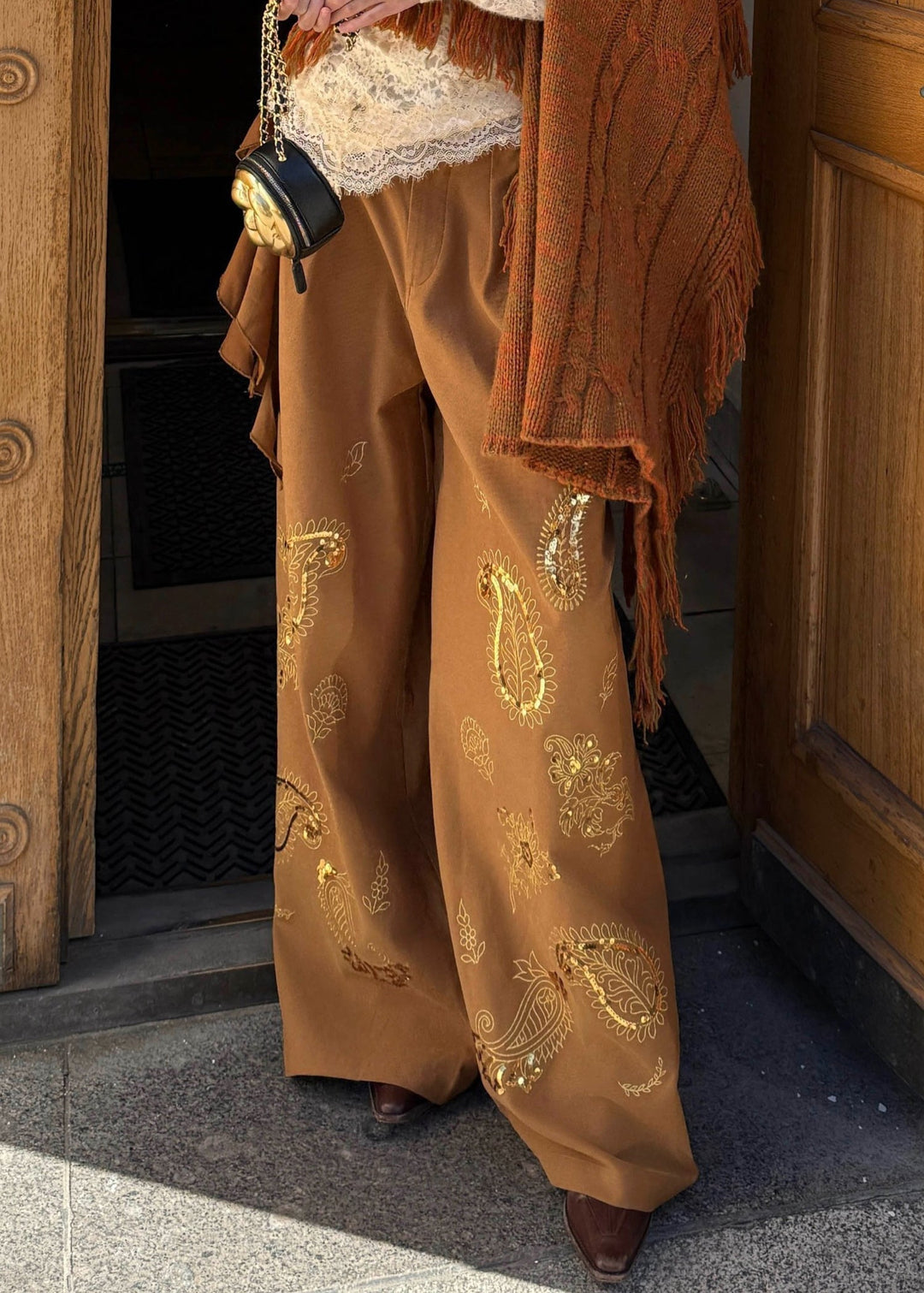 Casual Brown Embroidered Asymmetrical Sequins Wide Leg Pants Fall