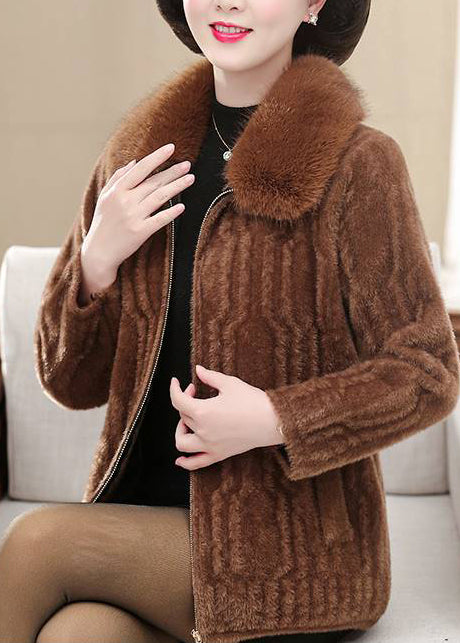 Casual Brown Fur Collar Mink Thick Velvet Jackets Winter
