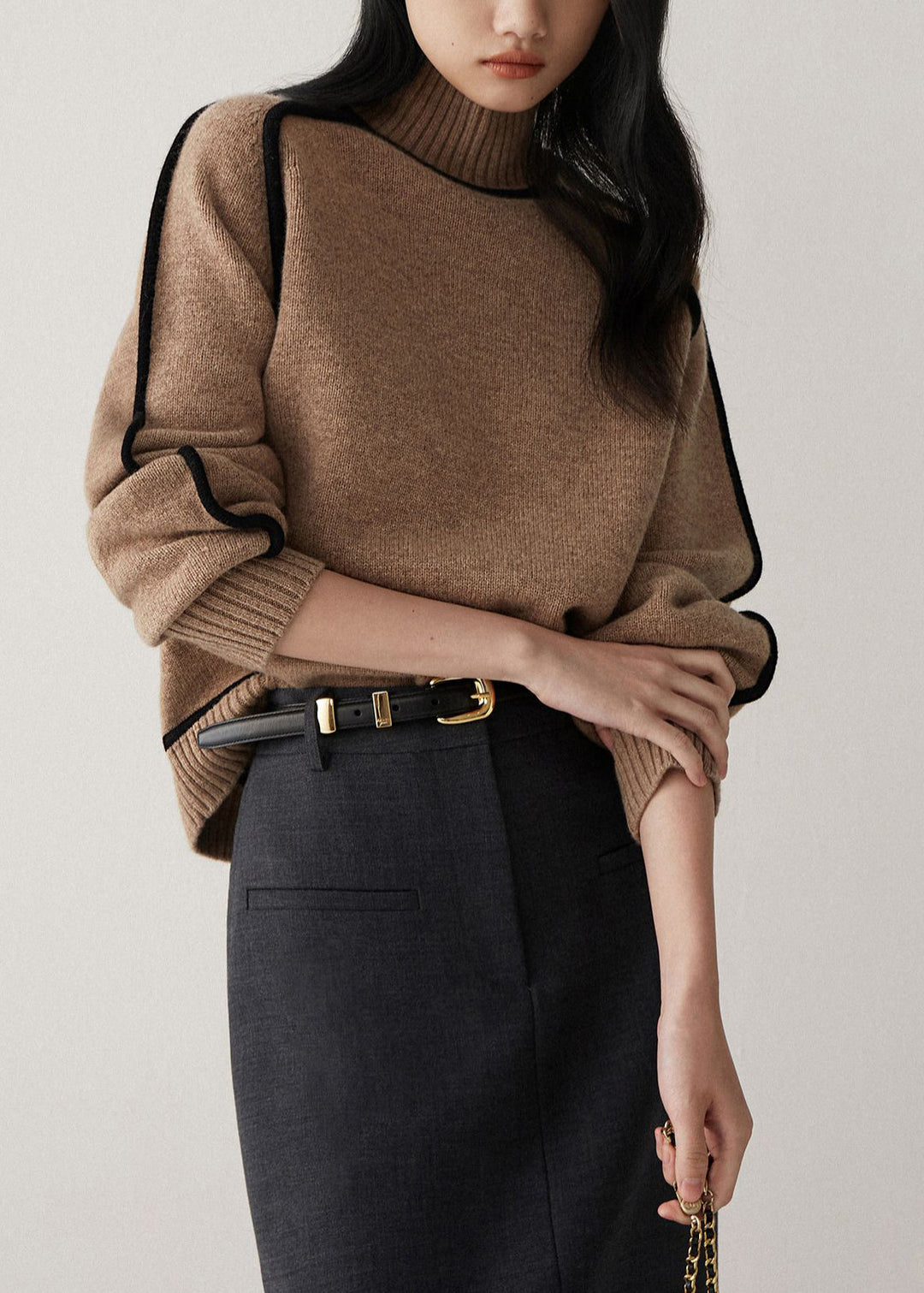 Casual Brown High Neck Contrast Piping Knit Sweater Fall