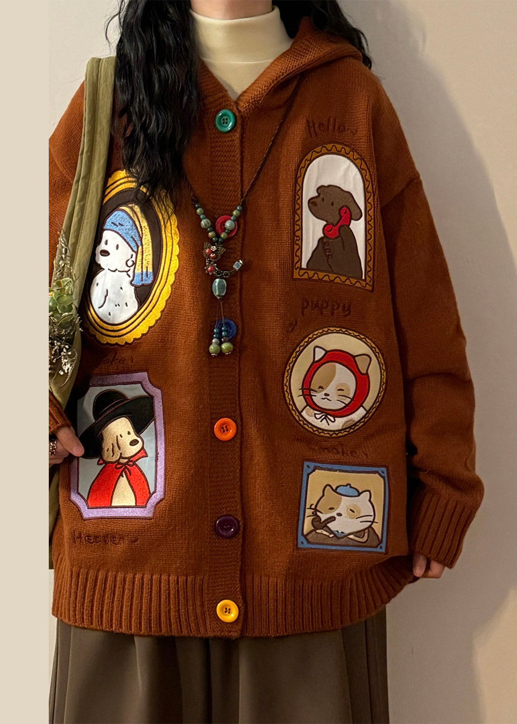 Casual Brown Hooded Applique Button Knit Coats Spring