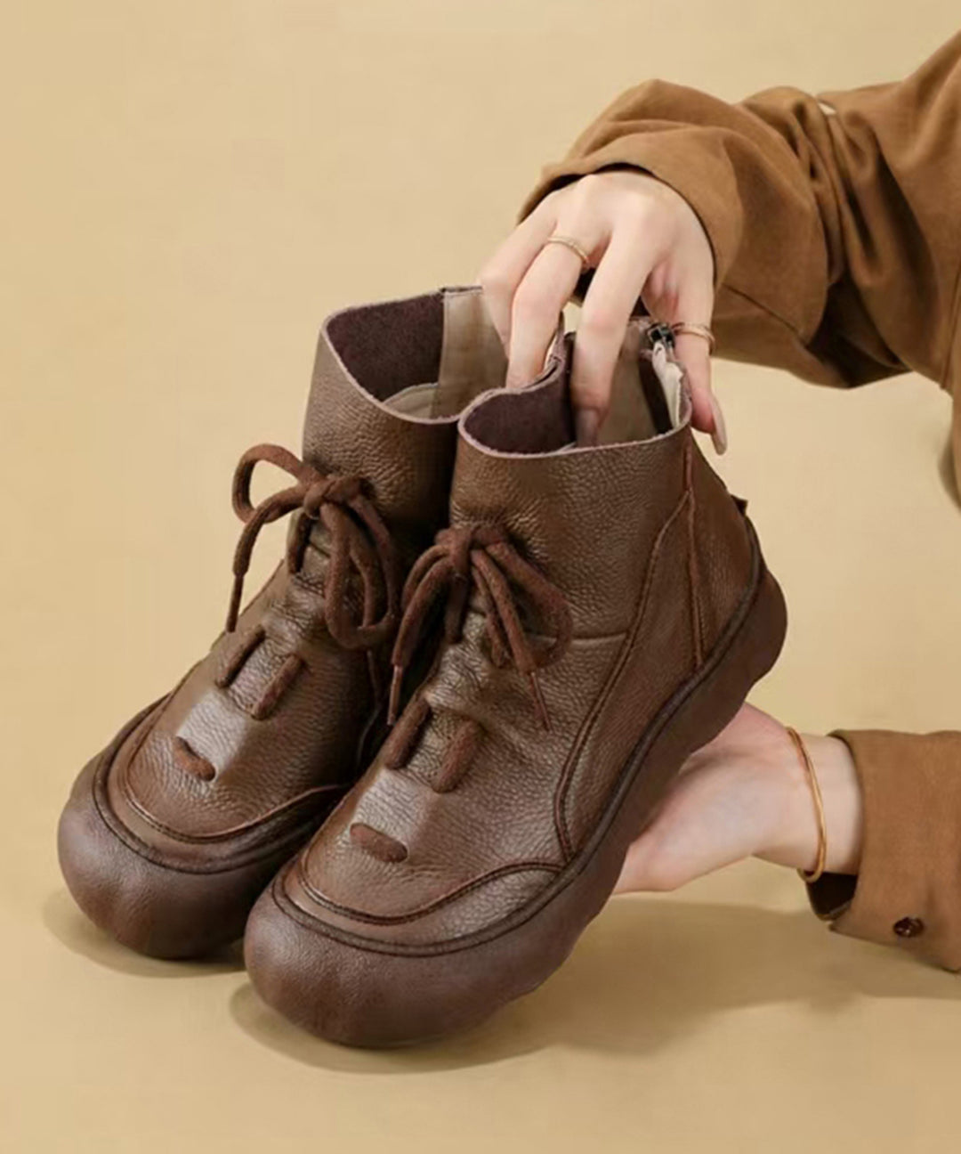 Casual Brown Lace Up Cowhide Leather Ankle Boots