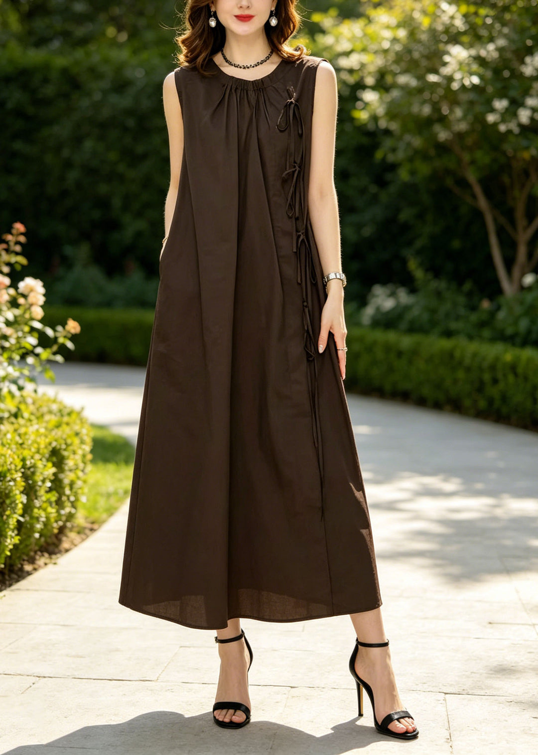 Casual Brown Lace Up Wrinkled Cotton Vacation Dresses Sleeveless