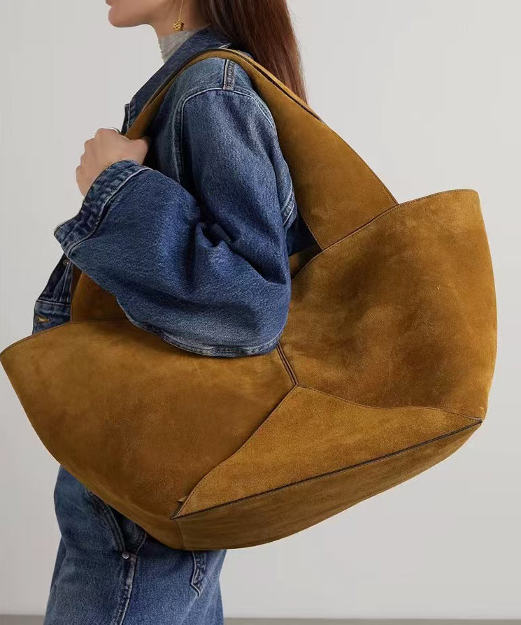 Casual Brown Large Capacity Patchwork Suede Satchel Handbag