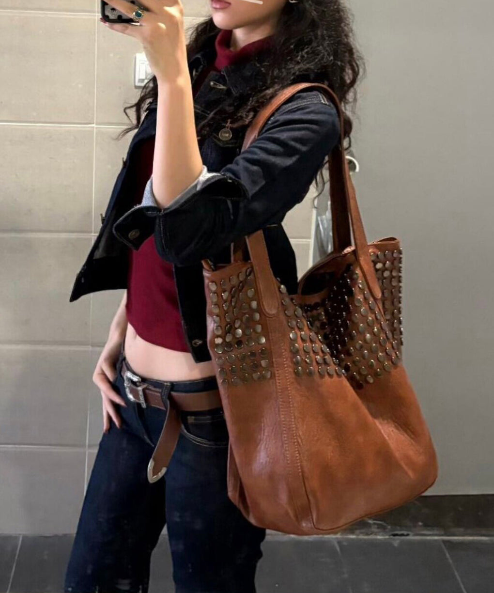 Casual Brown Large Capacity Rivet Faux Leather Shoulder Bag