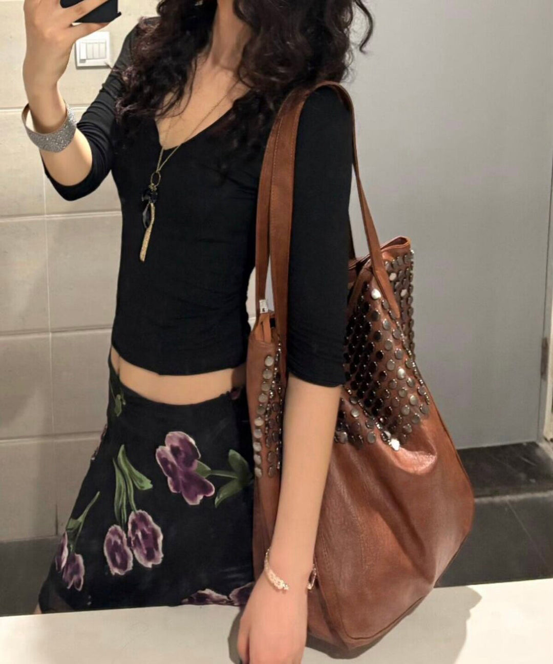 Casual Brown Large Capacity Rivet Faux Leather Shoulder Bag