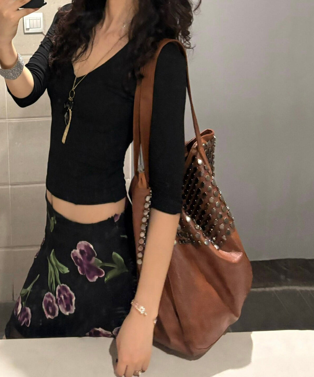 Casual Brown Large Capacity Rivet Faux Leather Shoulder Bag