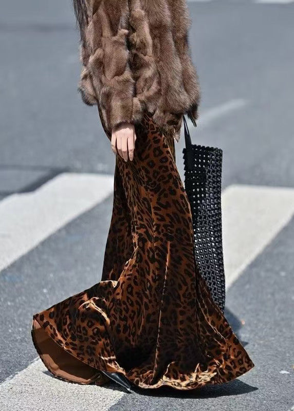 Casual Brown Leopard Print Exra Large Hem Silk Velvet Skirts Spring
