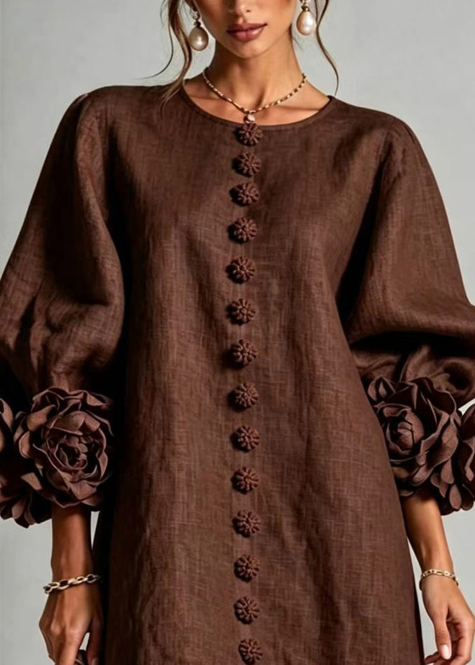 Casual Brown O-Neck Button Stereoscopic Floral Dress Lantern Sleeve
