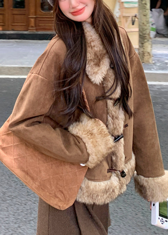 Casual Brown Oversized Patchwork Faux Suede Coat Winter
