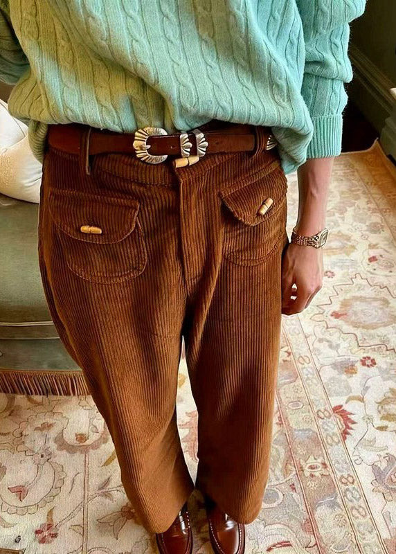 Casual Brown Pockets High Waist Corduroy Pants Spring
