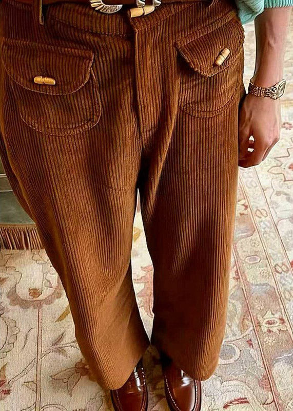 Casual Brown Pockets High Waist Corduroy Pants Spring