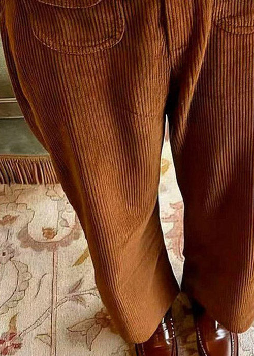 Casual Brown Pockets High Waist Corduroy Pants Spring
