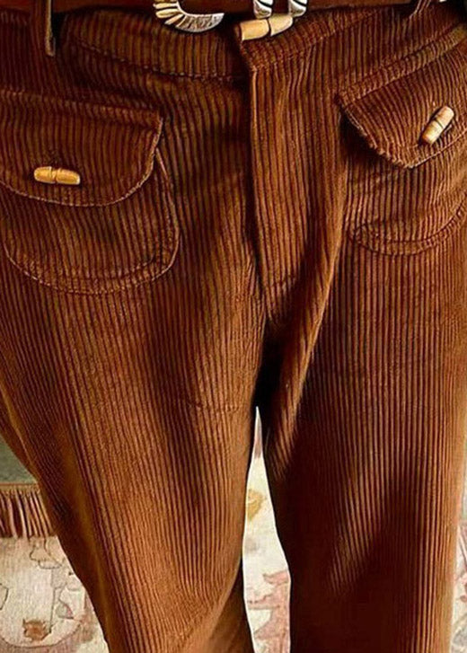 Casual Brown Pockets High Waist Corduroy Pants Spring
