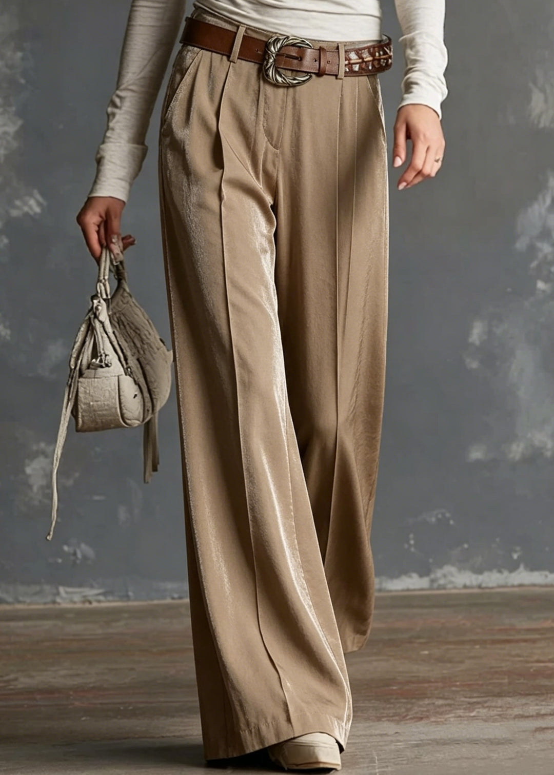 Casual Brown Pockets Wrinkled High Waist Silk Pants Summer