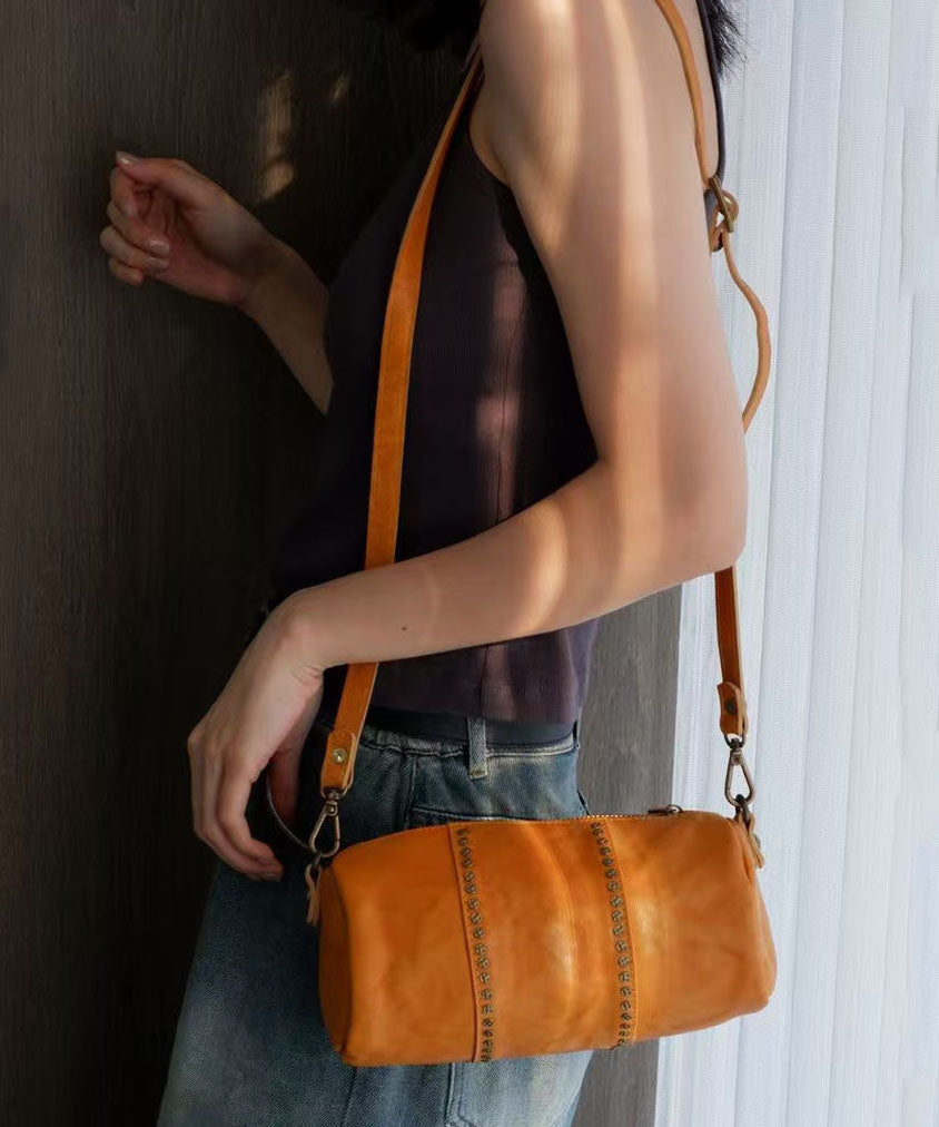 Casual Brown Rivet Solid Durable Leather Bucket Bag