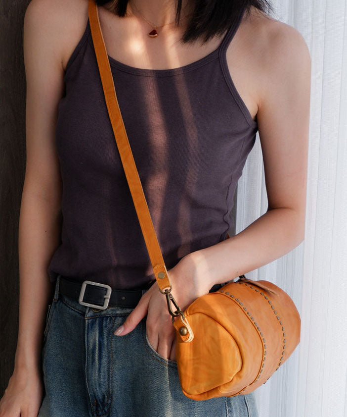 Casual Brown Rivet Solid Durable Leather Bucket Bag