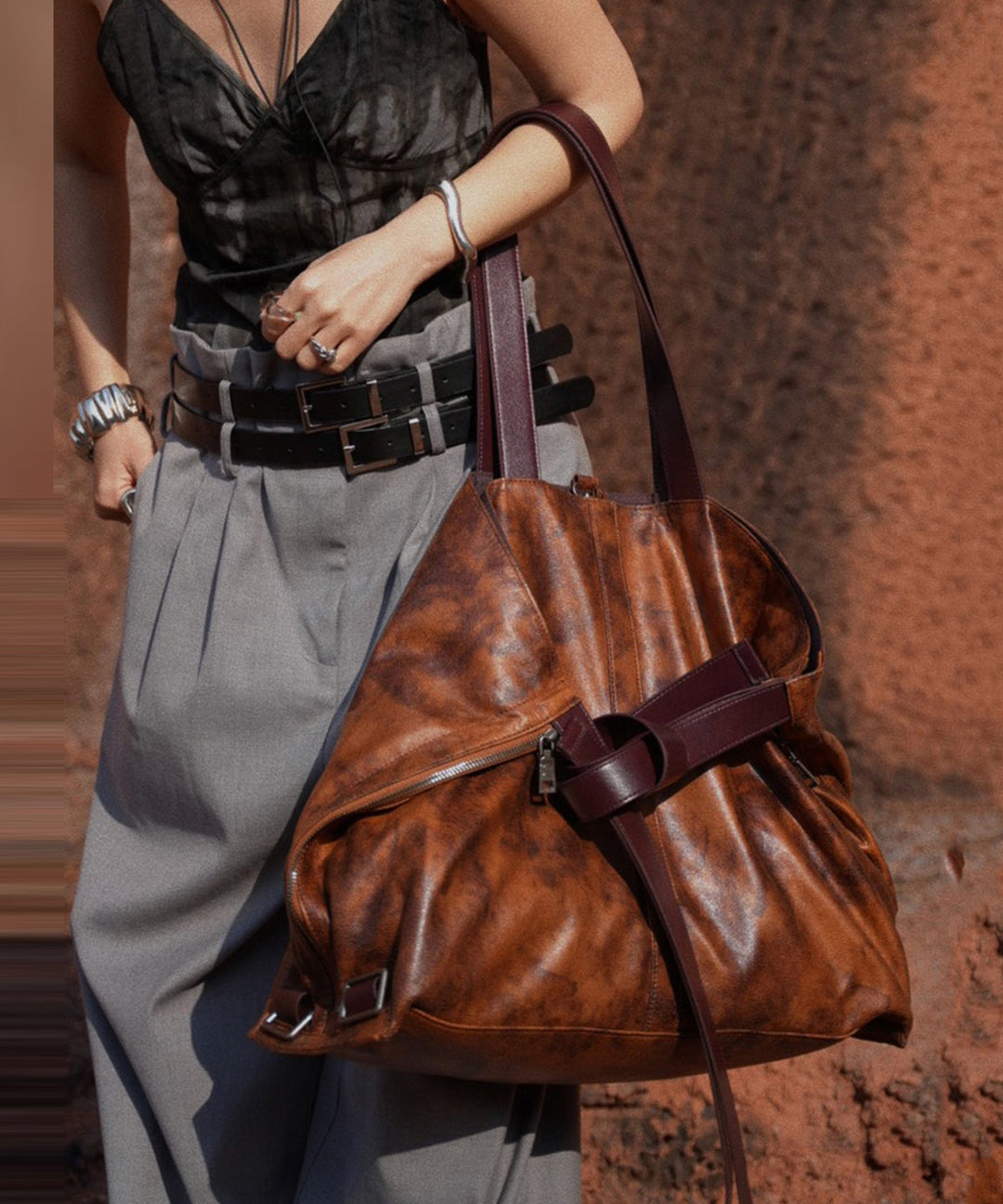 Casual Brown Tie Dye Large Capacity Faux Leather Satchel Handbag