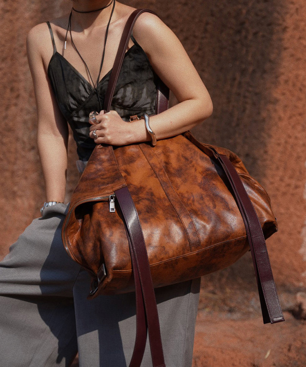 Casual Brown Tie Dye Large Capacity Faux Leather Satchel Handbag