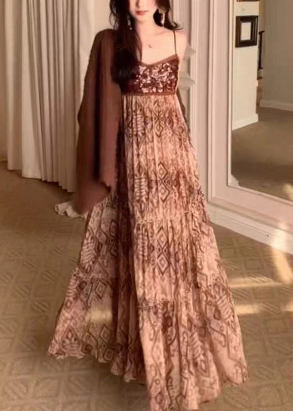 Casual Brown V Neck Knit Cardigans And Long Spaghetti Strap Dress Two Piece Set Spring