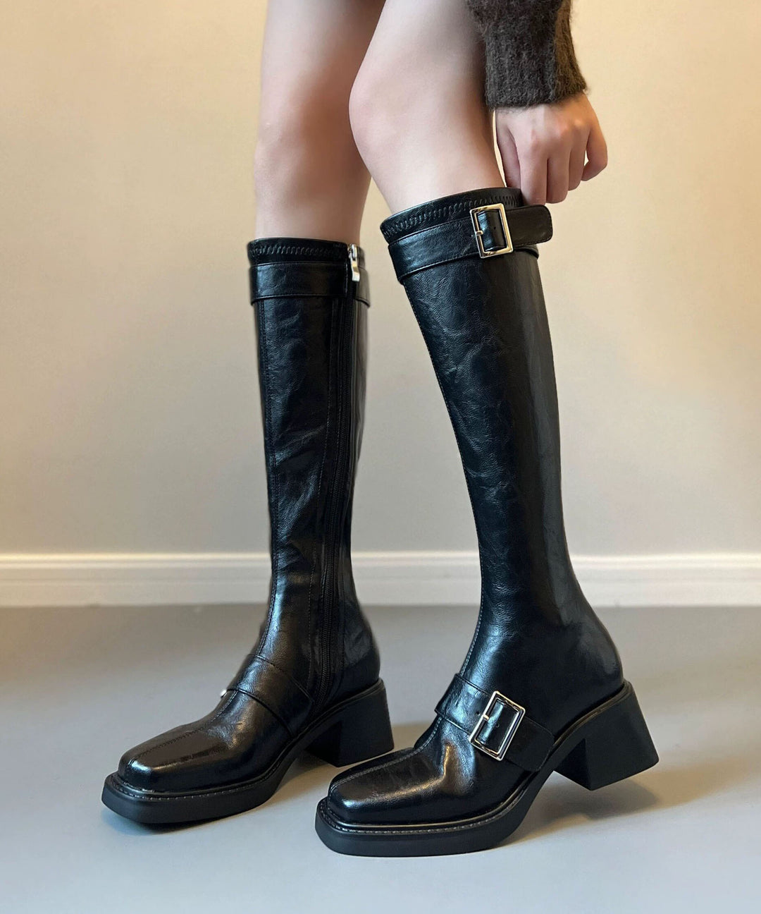 Casual Buckle Strap Chunky Boots Black Cowhide Leather