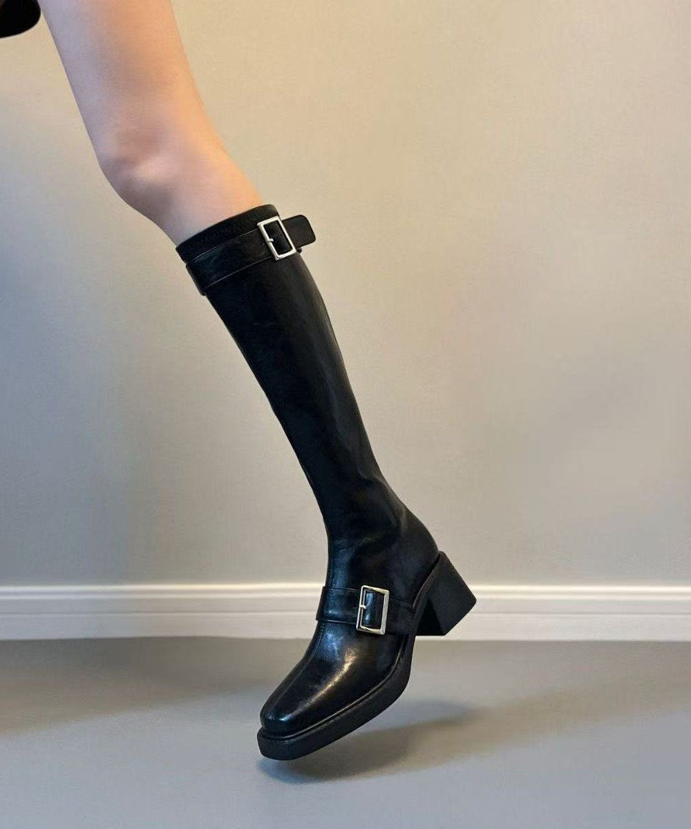 Casual Buckle Strap Chunky Boots Black Cowhide Leather