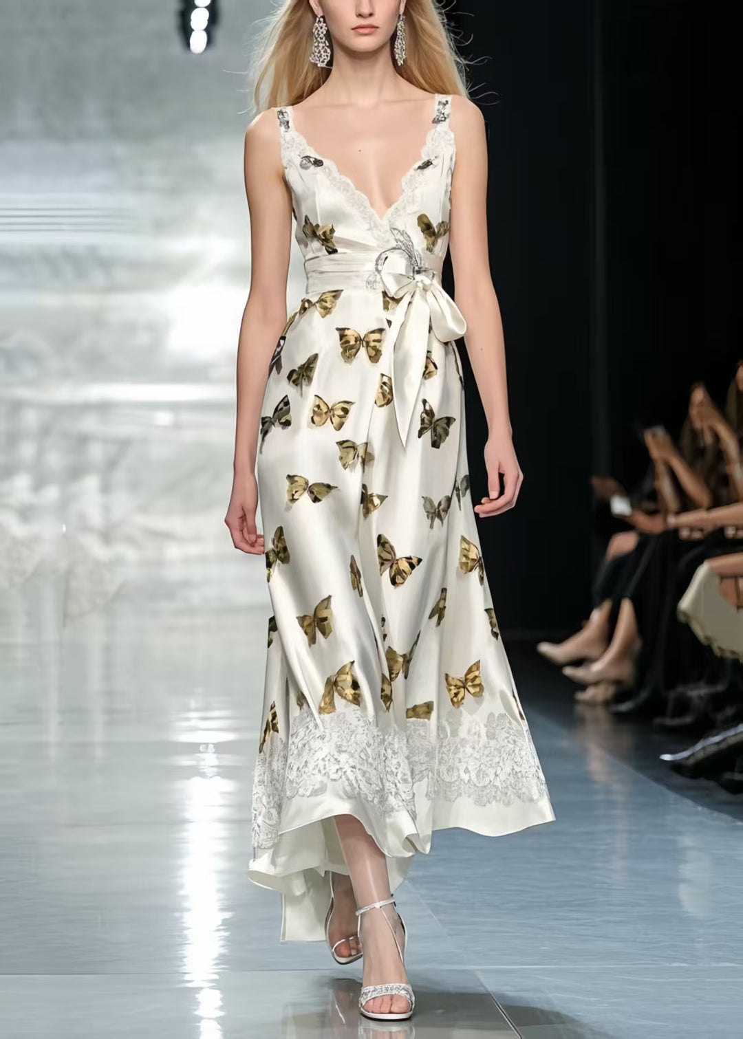 Casual Butterfly Print Draping Silk Bow Dresses Summer