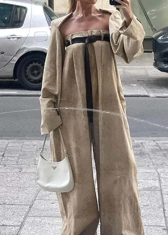 Casual Camel Patchwork Sashes Jumpsuits Flare Sleeve