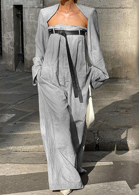Casual Camel Patchwork Sashes Jumpsuits Flare Sleeve