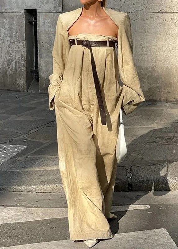 Casual Camel Patchwork Sashes Jumpsuits Flare Sleeve