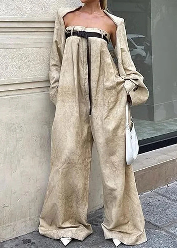 Casual Camel Patchwork Sashes Jumpsuits Flare Sleeve