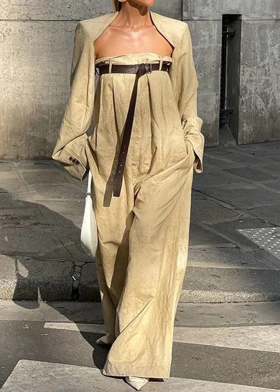Casual Camel Patchwork Sashes Jumpsuits Flare Sleeve