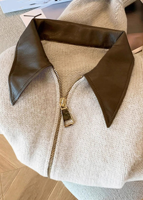 Casual Camel Peter Pan Collar Zippered Patchwork Cotton Knit Cardigan Fall