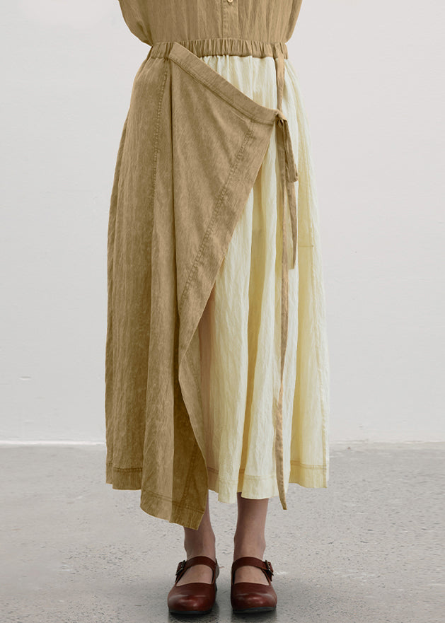 Casual Camel Wrinkled Asymmetrical Patchwork Cotton Skirt Summer
