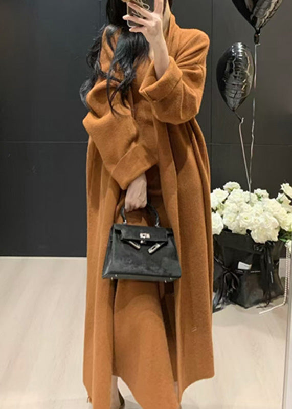Casual Caramel V Neck Solid Knit Long Coats And Long Dress Two Pieces Set Fall