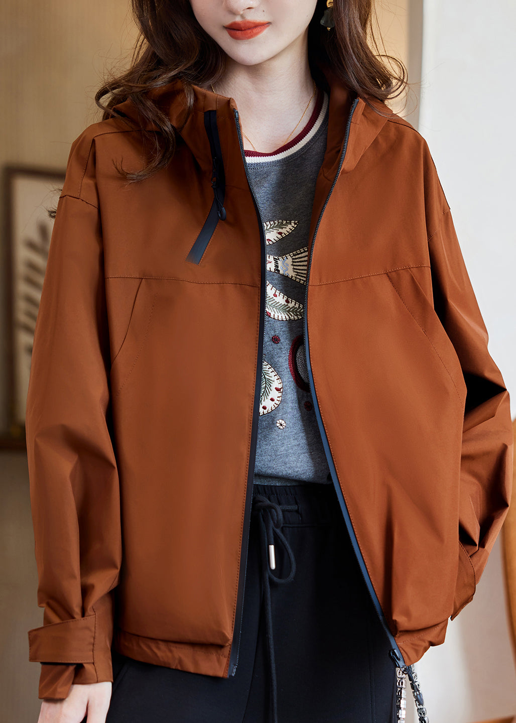 Casual Caramel Zippered Patchwork Hooded Coats Fall