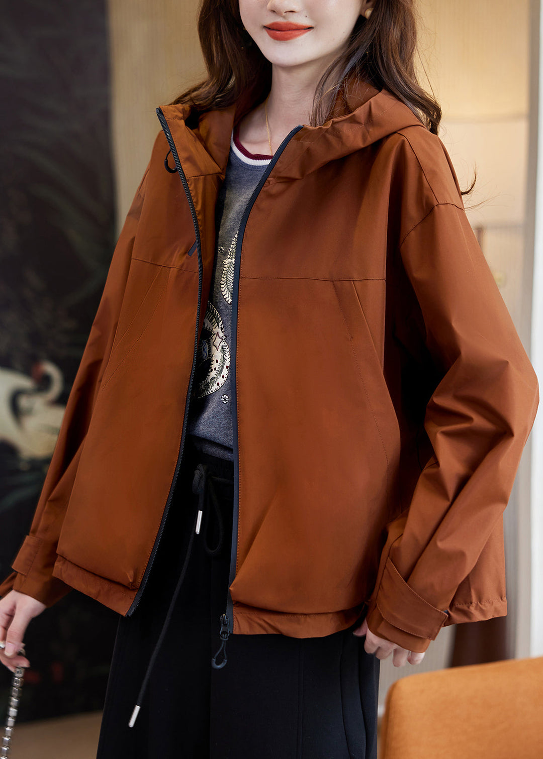Casual Caramel Zippered Patchwork Hooded Coats Fall
