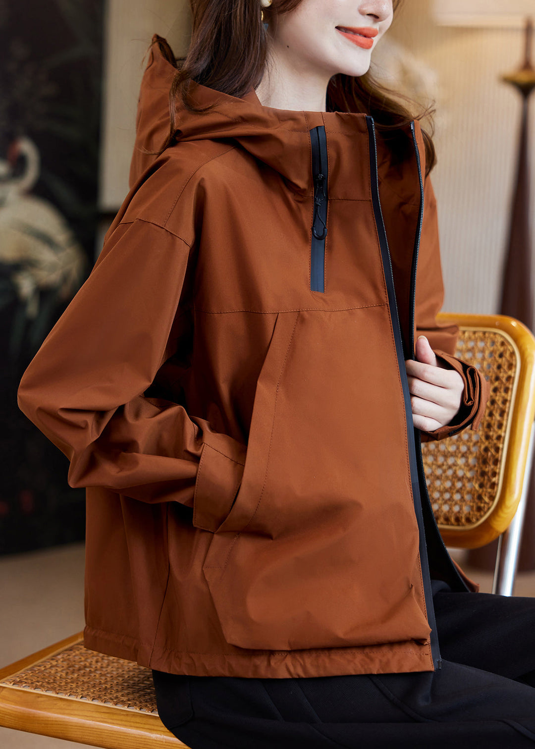 Casual Caramel Zippered Patchwork Hooded Coats Fall