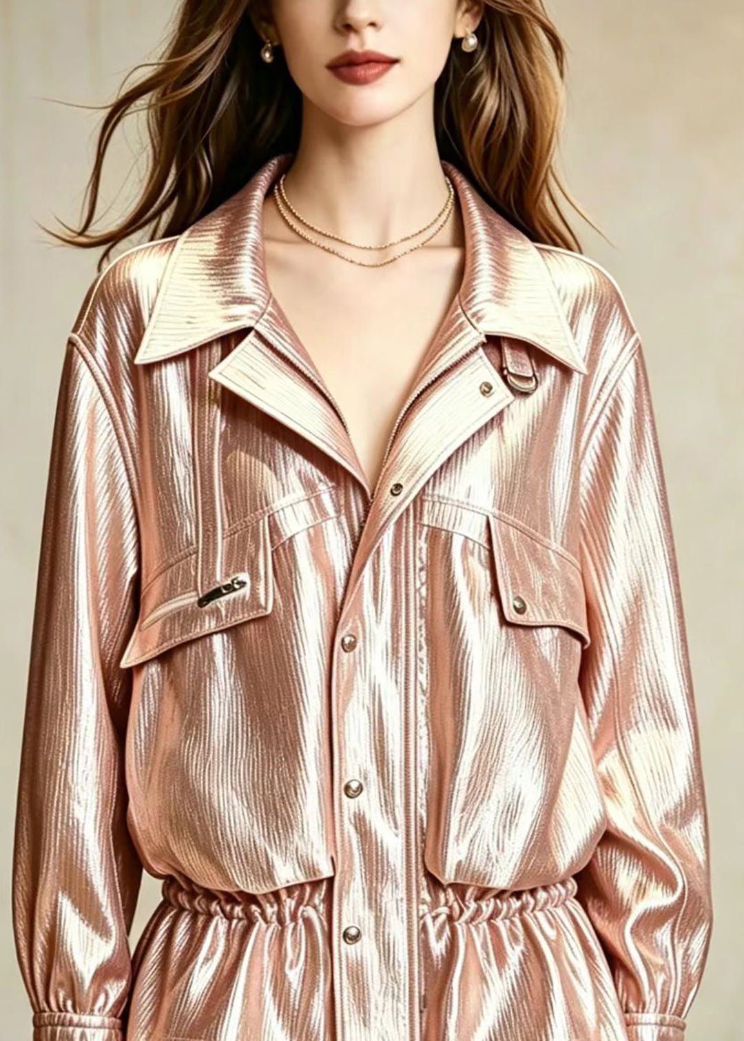 Casual Champagne Turn-Down Colla Zip Up Drawstring Pockets Jacket Fall