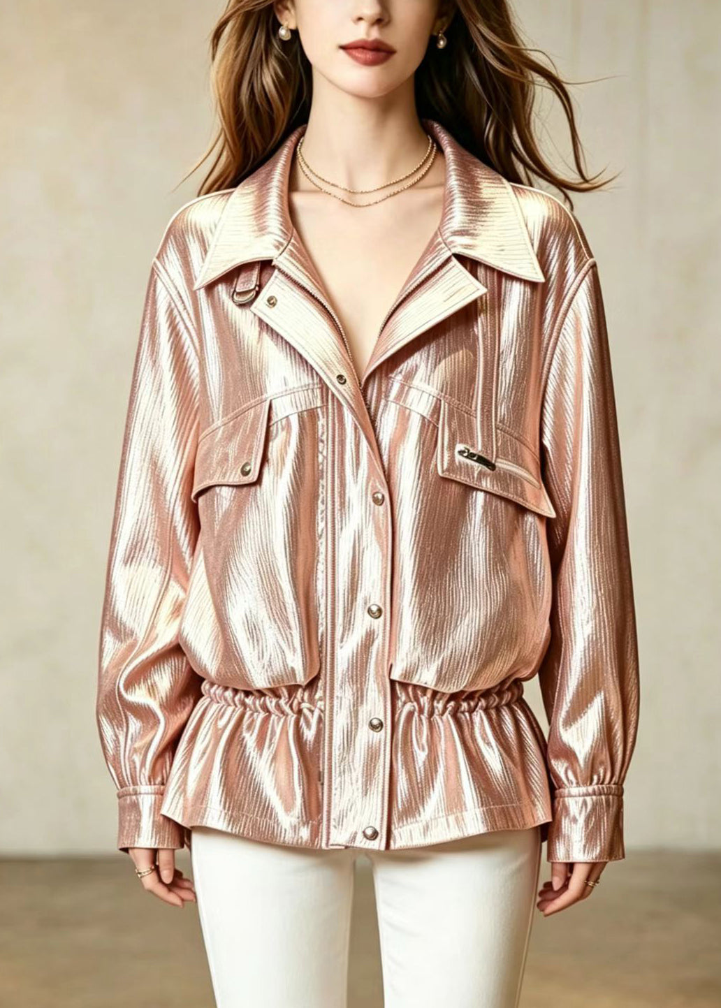 Casual Champagne Turn-Down Colla Zip Up Drawstring Pockets Jacket Fall