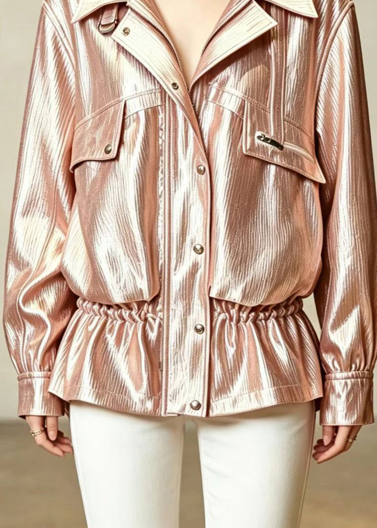 Casual Champagne Turn-Down Colla Zip Up Drawstring Pockets Jacket Fall