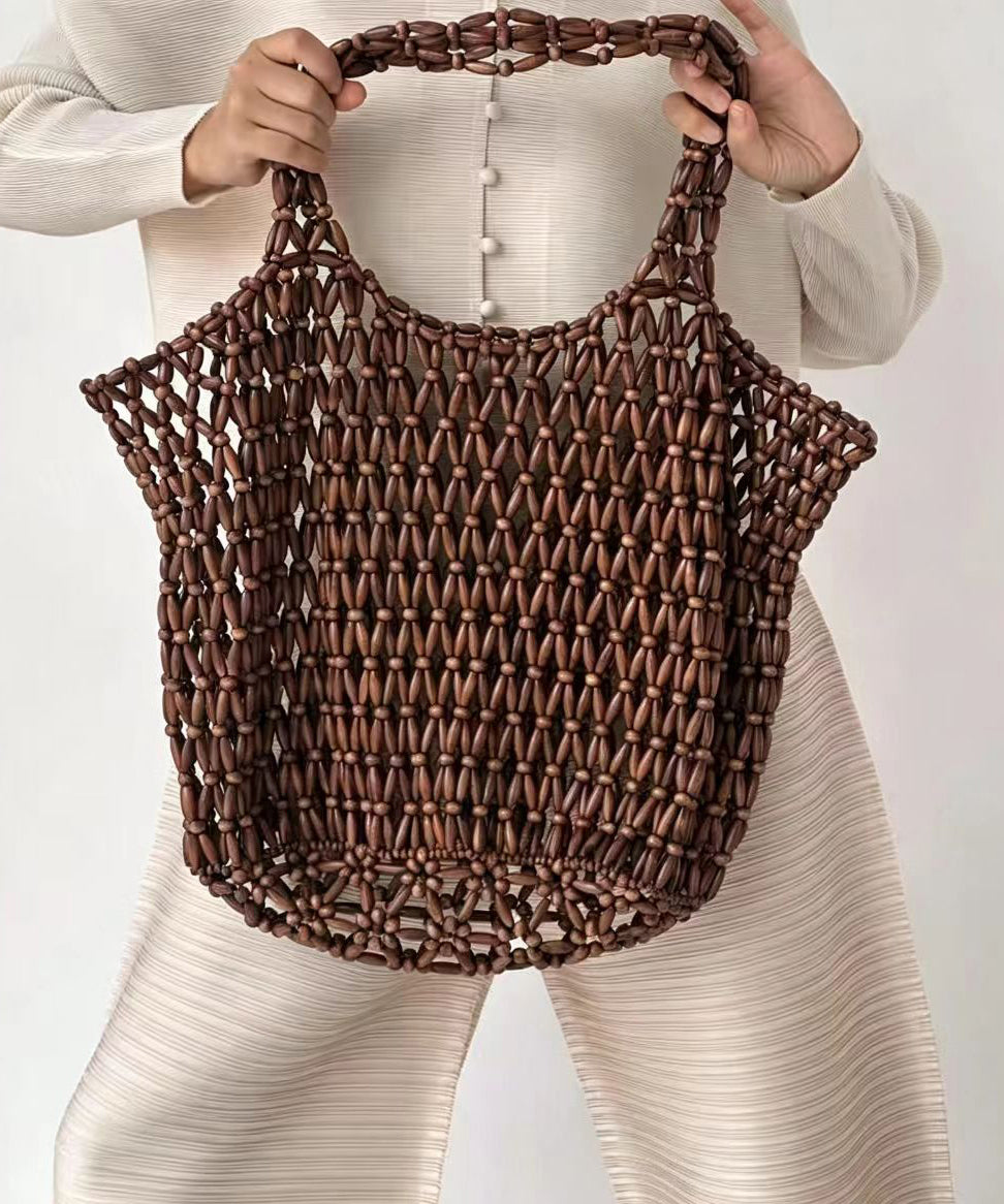 Casual Coffee Beading Weave Cut Out Shoulder Bag
