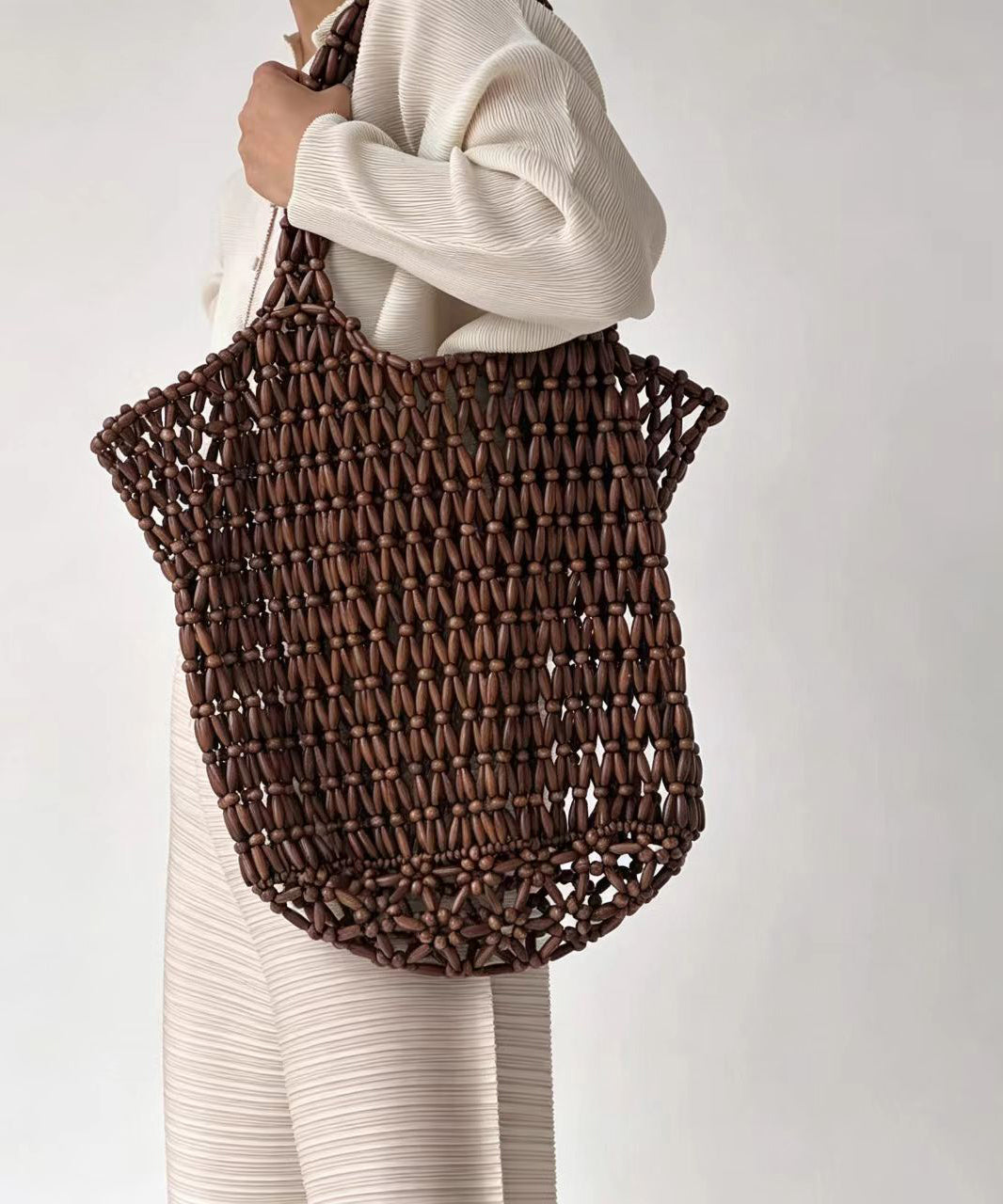 Casual Coffee Beading Weave Cut Out Shoulder Bag