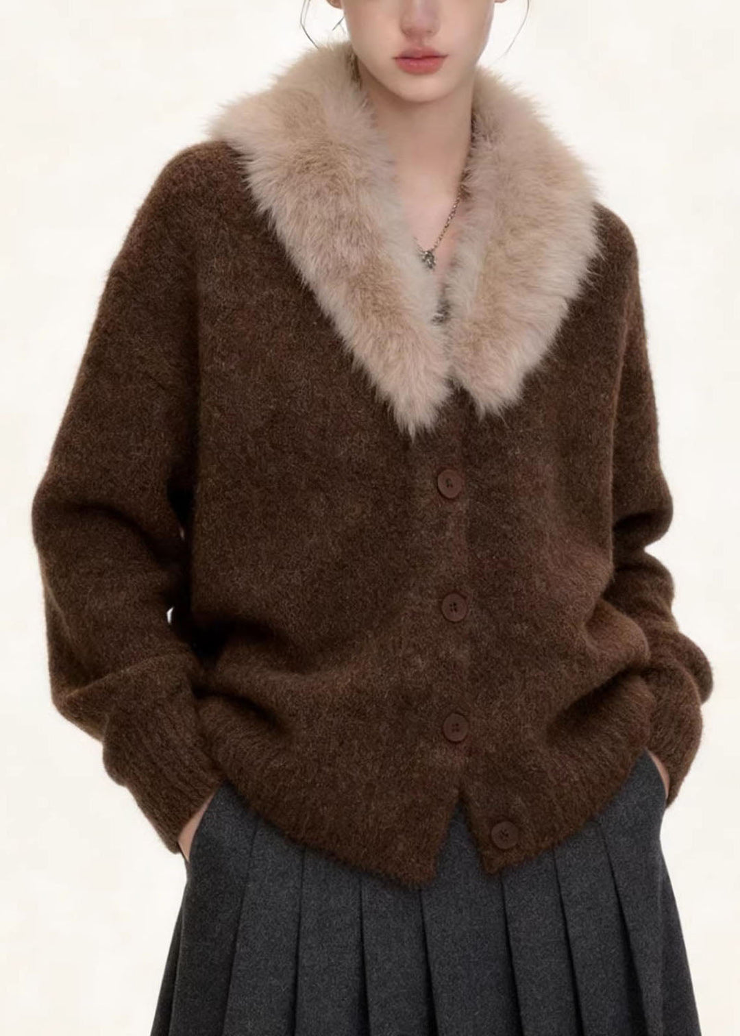 Casual Coffee Fur Collar Solid Cotton Knit Coats Fall